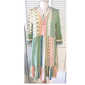 Sweet Salt Patchwork knee length Boho tiered Tunic dress soft colors Large
